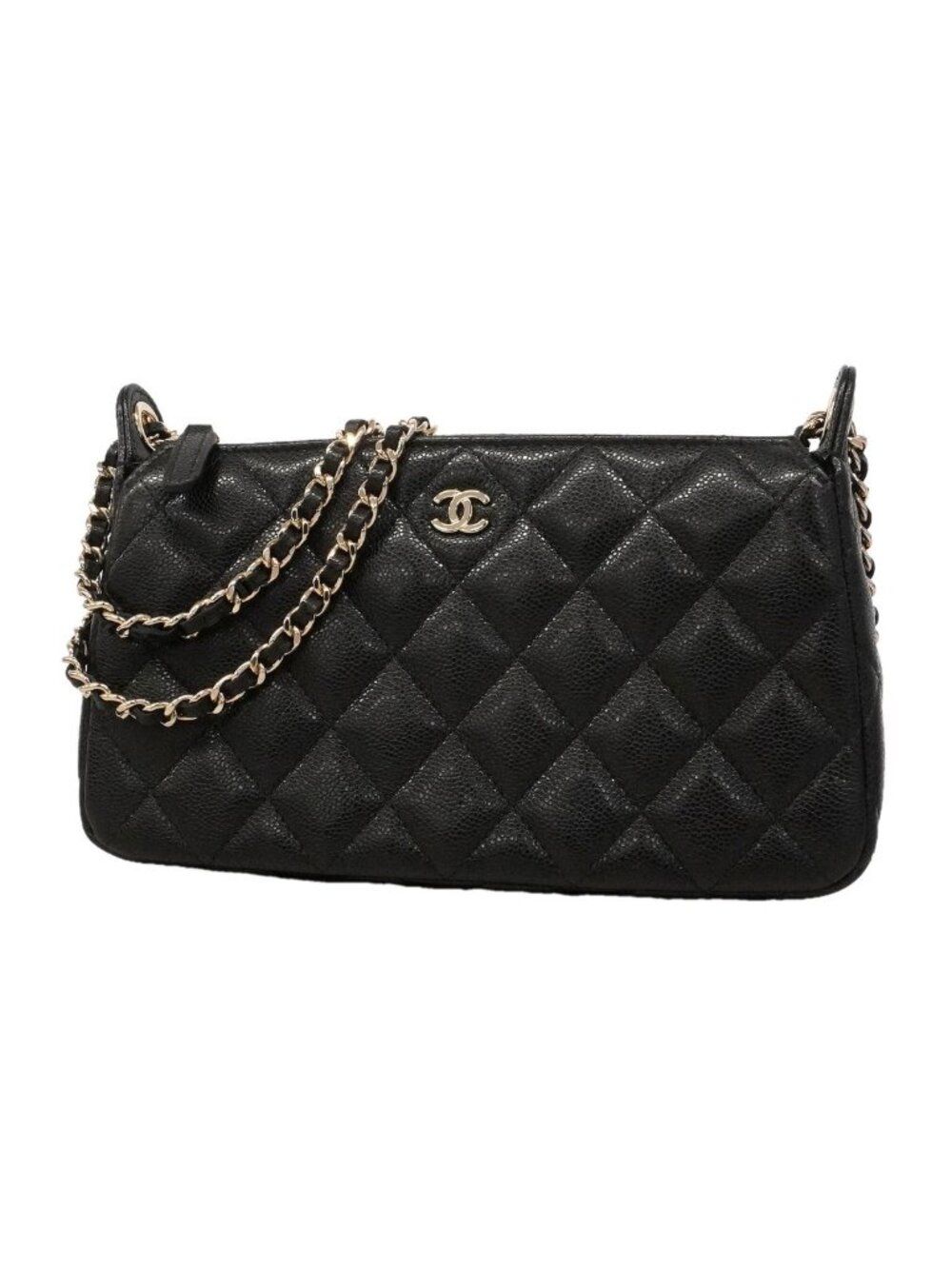 Chanel Shoulder Bag Quilted Caviar Leather Black Champagne Gold